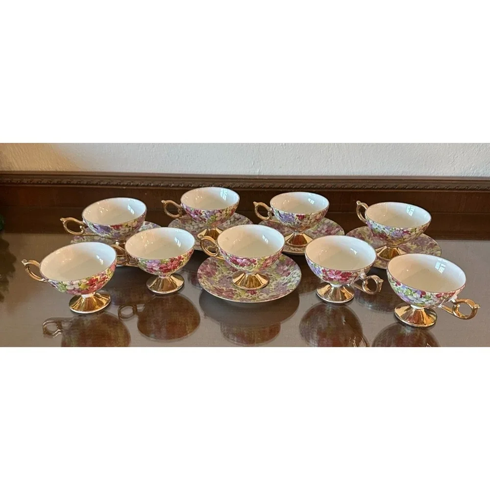 Set of 9 Vintage Fancy China Teacups & Saucers Flower Floral Pattern‎